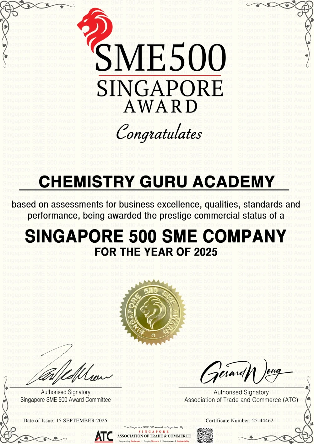 SG SME500 Award 2025 Chemistry Guru Academy