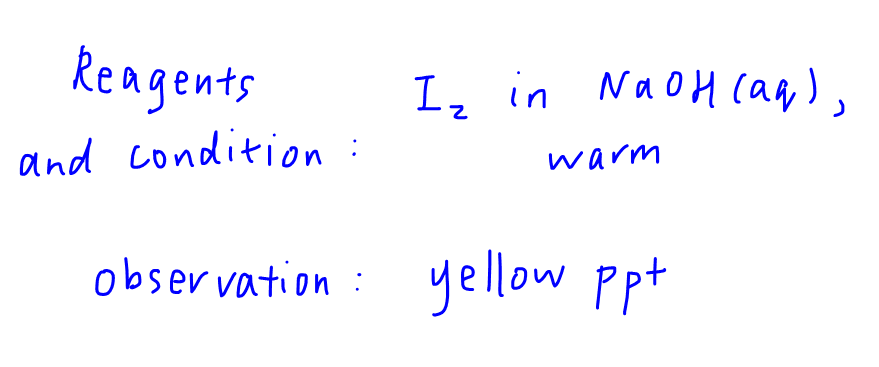 triiodomethane test reagents conditions observation