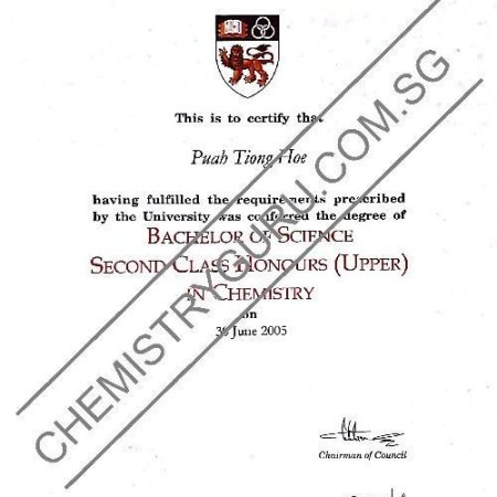 B.Sc Second Class Honours (Upper) in Chemistry Certificate